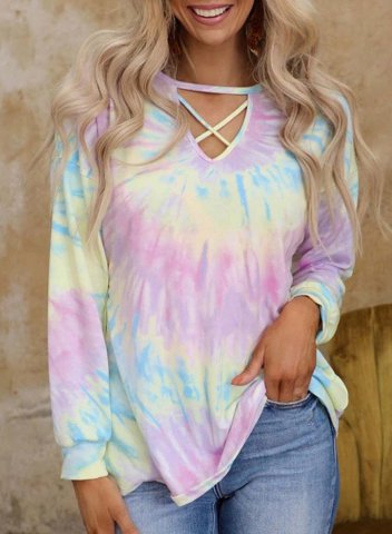 Women's T-shirts Color Block Cut-out Round Neck Long Sleeve Casual Daily T-shirts