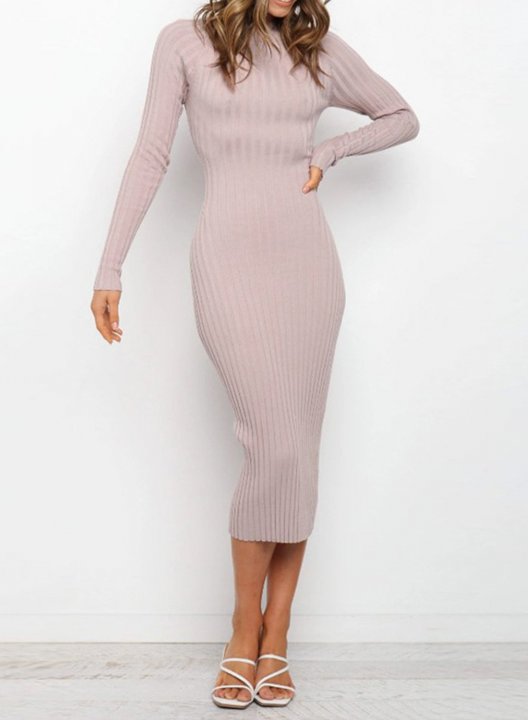 Women's Dress Crew Neck Long Sleeve Bodycon Solid Open-back Dress