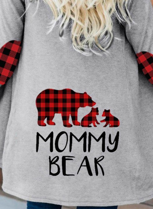 Woman Mommy Bear Print Cardigan Plaid Daily V Neck Cardigan