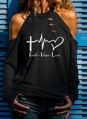 Women's Sweatshirt faith hope love Print Cold Shoulder Heart-shaped Solid Stand Neck Long Sleeve Casual T-shirts