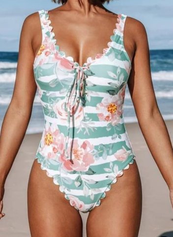 Women's One Piece Swimwear Floral Striped V Neck Knot One-Piece Swimsuit