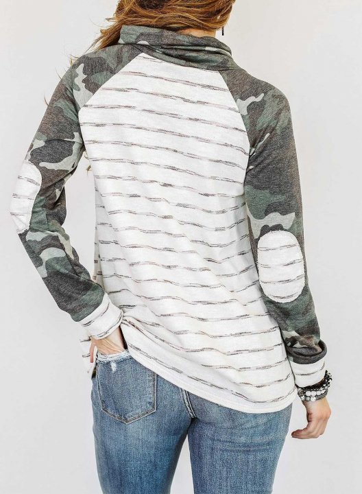 Camouflage&Striped Long Sleeve High Neck Tunic Sweatshirt