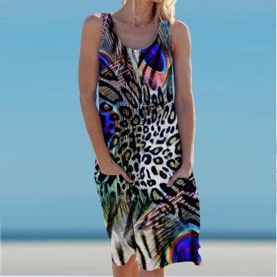 Feather Leopard Print Holiday Casual Round Neck Sleeveless Dress Vest