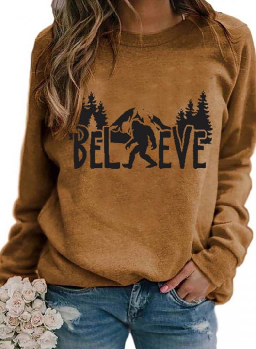 Women's Sweatshirts Retro Believe Bigfoot Print Long Sleeve Round Neck Daily Sweatshirt