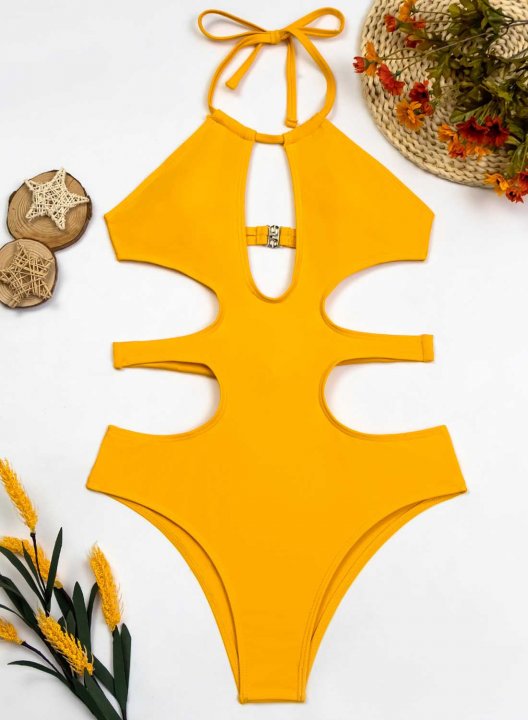 Women's One-Piece Swimsuits One-Piece Bathing Suits Cut Out Solid Halter One-Piece Swimsuit