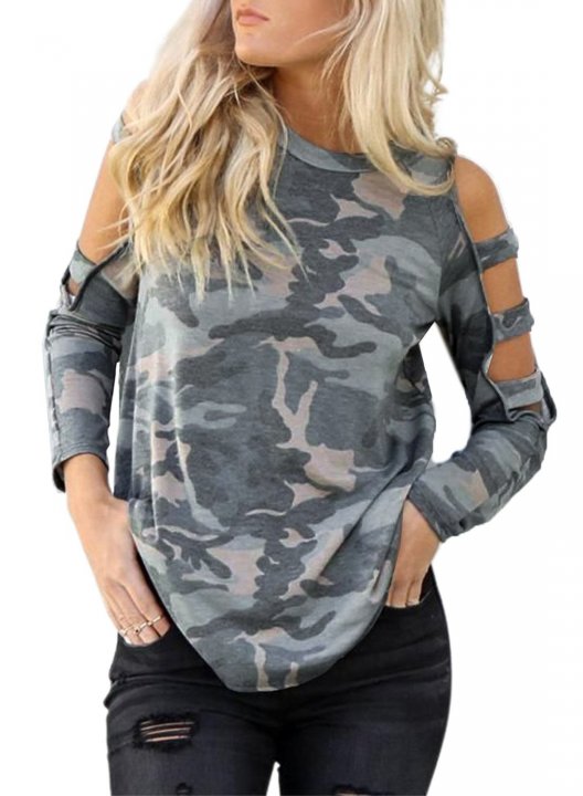 Camo Round Neck Long Sleeve Cut-out Cold Shoulder Sweatshirt