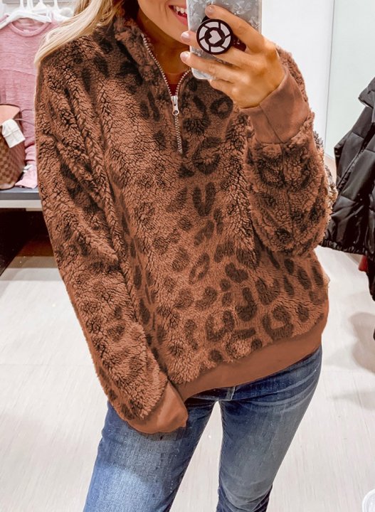 Leopard Long Sleeve High Neck Zip Sweatshirt