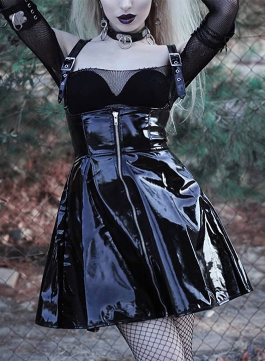 Women's Gothic Vintage Style Mini Dresses Solid Black A-line Spaghetti Criss Cross Party PVC Leather Dress