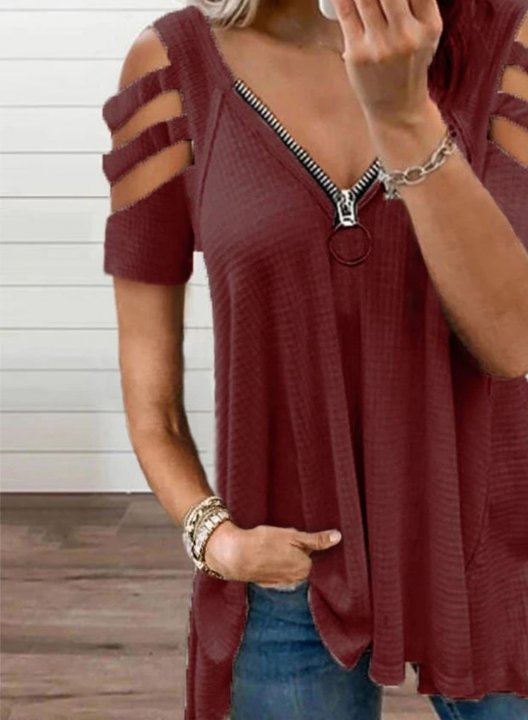 Women's Tunic Tops Solid Cold Shoulder Zip-up Cut-out Short Sleeve V Neck Casual Daily Tunic Tops