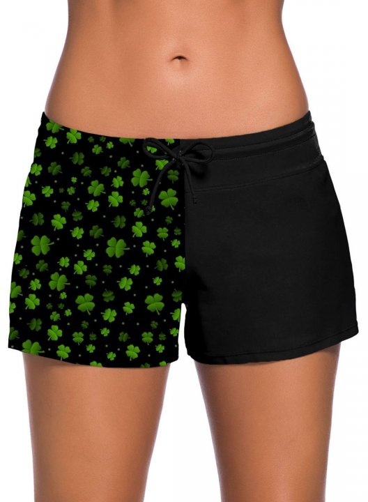 Women's Swim Shorts Mid Waist Clover Knot Drawstring Swim Shorts