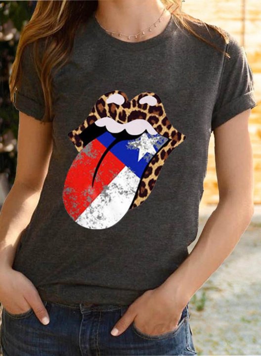 Women's T-shirts Color Block Leopard Flag Lips Print Round Neck Short Sleeve Daily Casual T-shirts