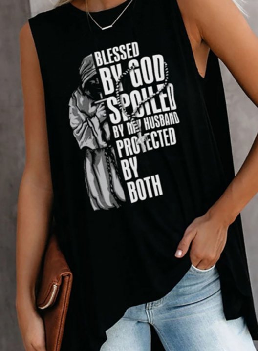 Women's Black Tank Tops Letter Blessed By God Spoiled By My Husband Protected By Both Sleeveless Round Neck Daily Tank