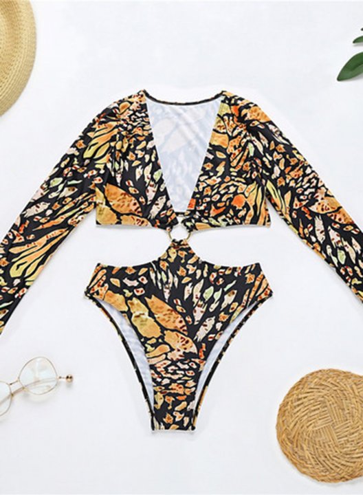 Women's One Piece Swimwear Leopard Color Block V Neck Long Sleeve One-Piece Swimsuits One-Piece Bathing Suits