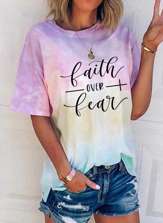 Women's Faith over Fear Tie Dye T-shirts Color Block Letter Round Neck Short Sleeve Summer Casual Daily T-shirts