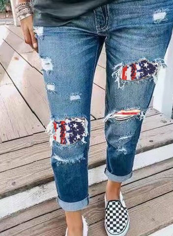Women's Ripped Jeans Straight Striped Flag Star Cut-out Mid Waist Ankle-length Casual Daily Ripped Jeans