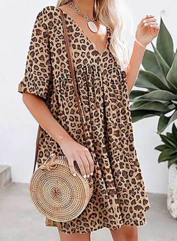 Women's Mini Dresses A-line Leopard Short Sleeve V Neck Beach Casual Mini Dress