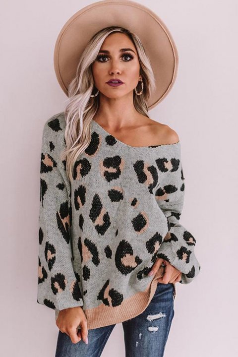 Women's Sweaters V-neck Leopard Print Puff Sleeve Sweaters