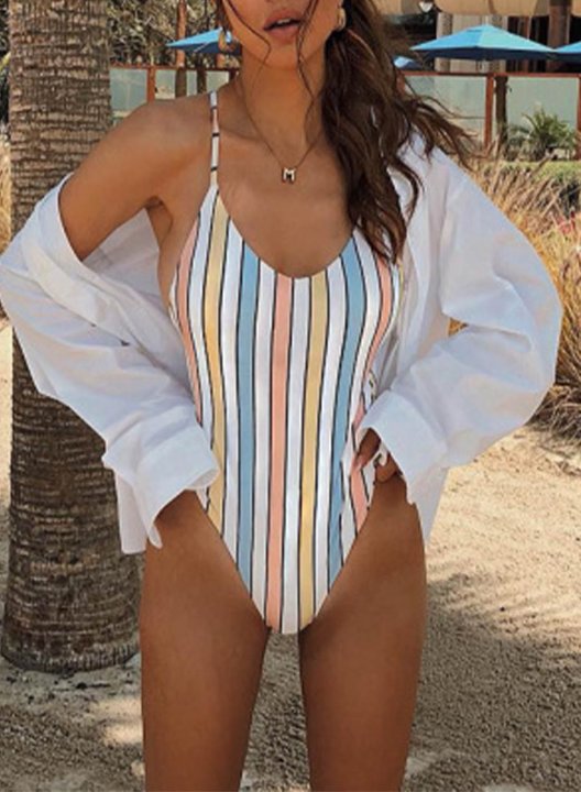 Women's One Piece Swimwear Striped Color Block Spaghetti Casual One-Piece Swimsuits One-Piece Bathing Suits