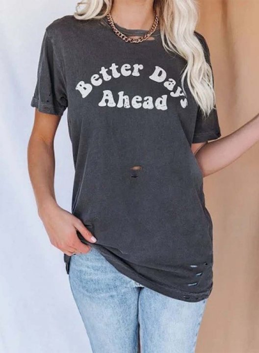 Women's T-shirts Solid Letter Print Short Sleeve Round Neck Cut-out Daily T-shirt