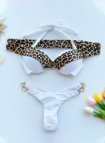 Women's Bikinis Leopard Low Rise Sleeveless V Neck Padded Adjustable Under-wire Vacation Beach Bikini Suit