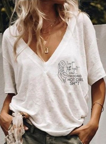 Women's T-shirts Solid Letter V Neck Short Sleeve Casual Daily Summer T-shirts