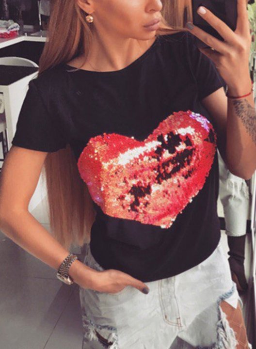 Women's Shirt Color Block Heart Print Sequin Short Sleeve Round Neck Daily T-shirt