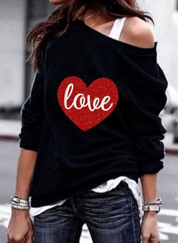 Women's Sweatshirts Round Neck Long Sleeve Off-shoulder Love Heart-shaped Color Block Letter Daily Casual Sweatshirts
