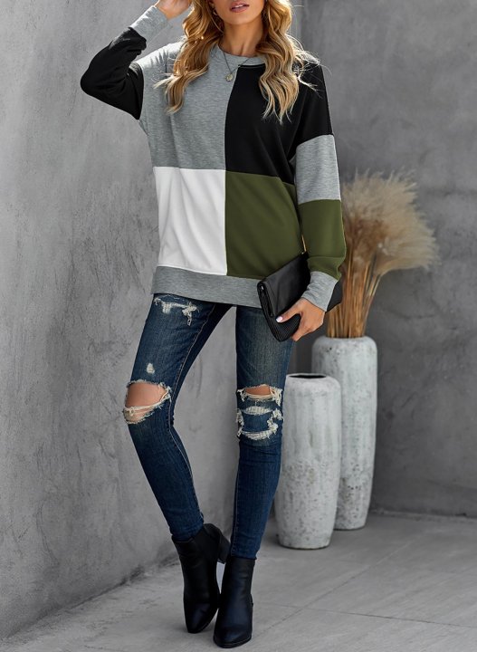 Color Block Round Neck Long Sleeves Sweatshirt