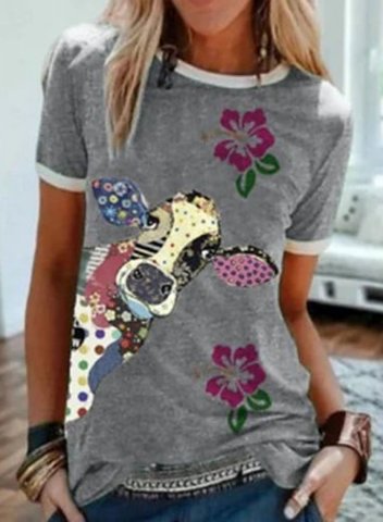 Women's T-shirts Animal Floral Print Short Sleeve Round Neck Daily T-shirt