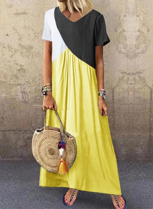 Women's Maxi Dresses Color Block Short Sleeve A-line V Neck Casual Daily Maxi Dress