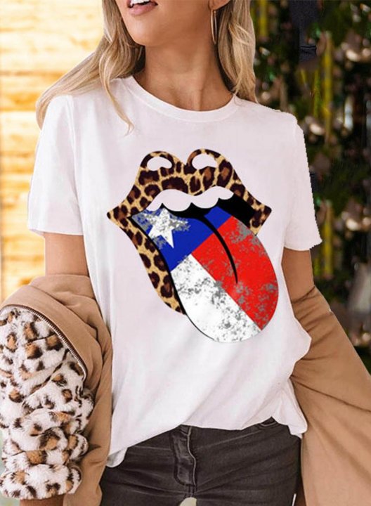 Women's T-shirts Color Block Leopard Flag Lips Print Round Neck Short Sleeve Daily Casual T-shirts