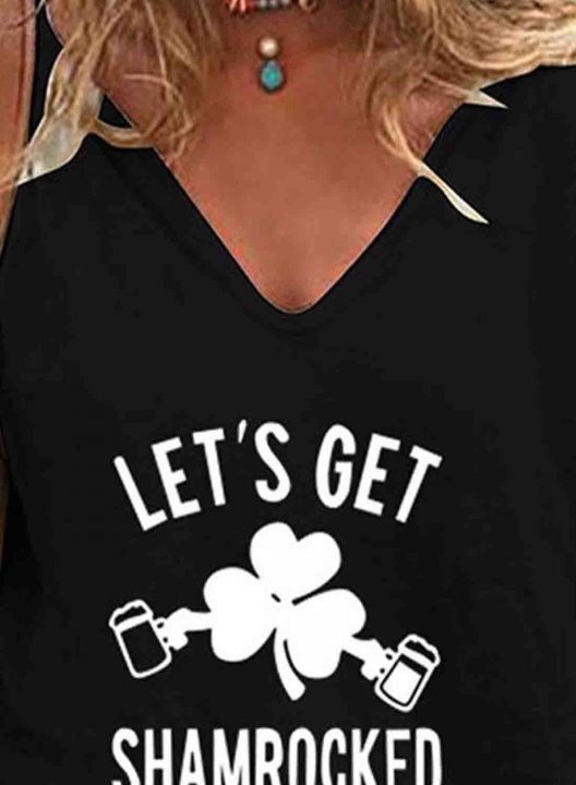 Women's St Patrick's Day GreenT-shirts Clover Let's Get Shamrocked Print Short Sleeve V Neck Daily T-shirt