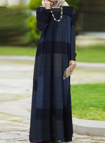 Women's Maxi Dresses Plaid Long Sleeve A-line Round Neck Daily Dress