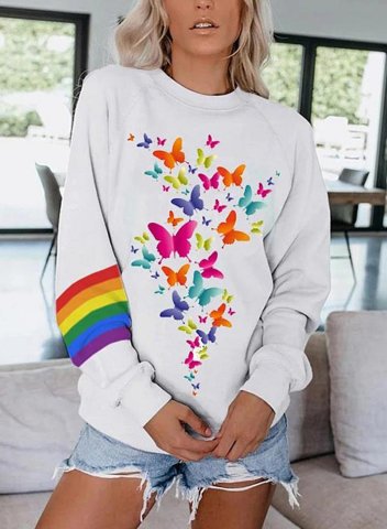 Women's Sweatshirts Round Neck Long Sleeve Butterfly Print Color Block Casual Sweatshirts