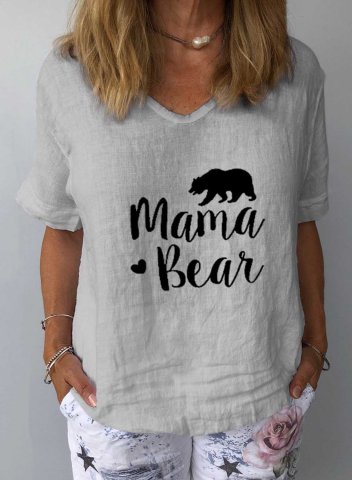 Women's Mama Bear T-shirts Bear Letter Print Short Sleeve V Neck Daily T-shirt