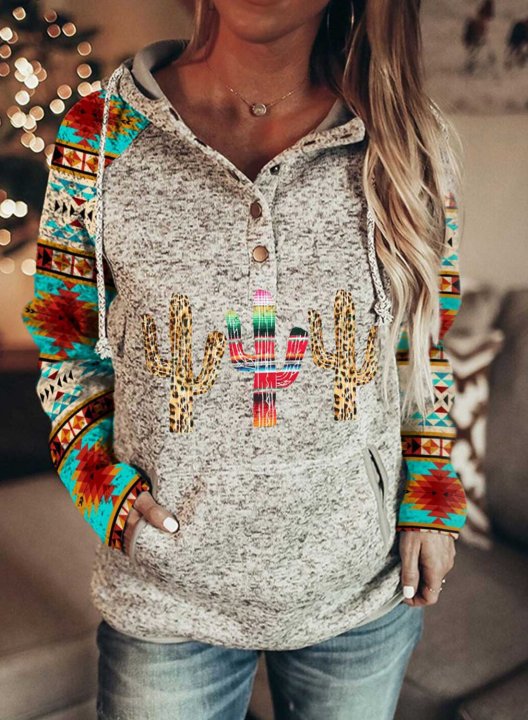 Women's Ethnic Style Geometric Aztec Cactus Print Drawstring Hoodies With Pockets