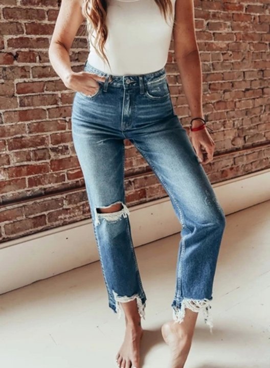 Women's Jeans Straight Solid High Waist Daily Ankle-length Casual Ripped Jeans
