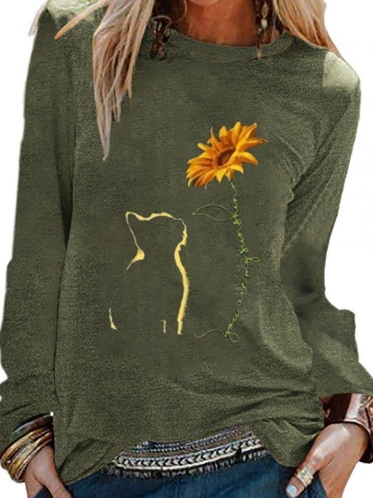 Cats & Sunflower Print Long Sleeve Shirts & Tops