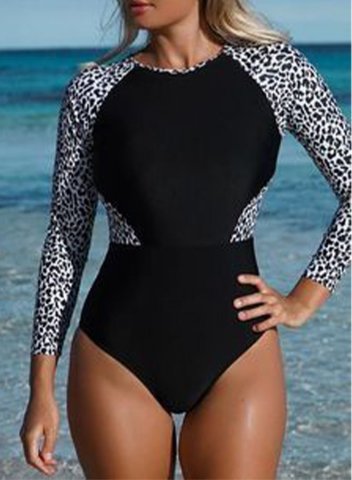 Women's One-piece Surfing Suits Leopard Padded Long Sleeve Adjustable V Neck Basic Surfing Suit