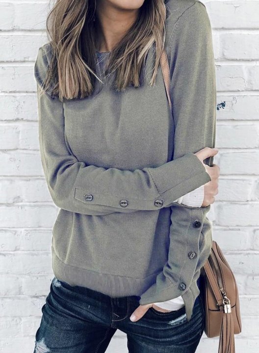 Solid Round Neck Long Sleeve Button Sweatshirt