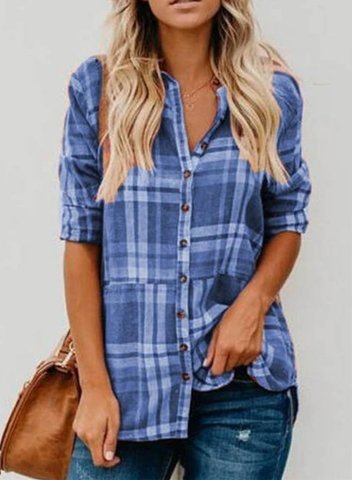 Women's Shirts Plaid Color Block Long Sleeve Turn Down Collar Casual Shirts