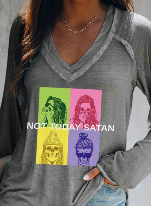 Women's Not Today Satan Graphic T-shirts Color Block Portrait Print Long Sleeve V Neck Daily T-shirt