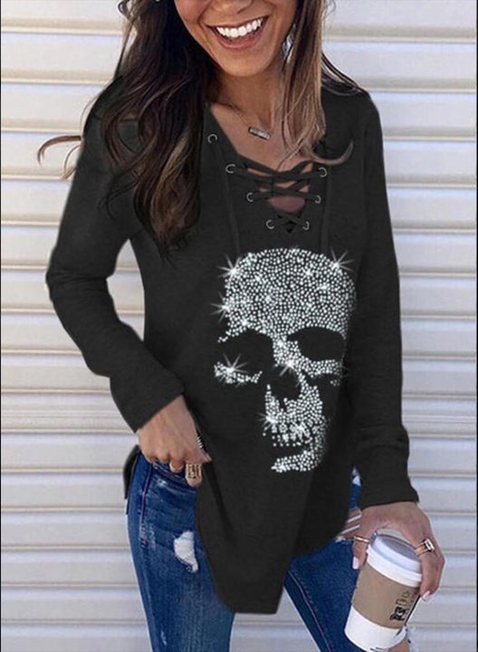 Women's Tunic Tops Rhinestones Solid V Neck Long Sleeve Criss Cross Casual Daily Tunics