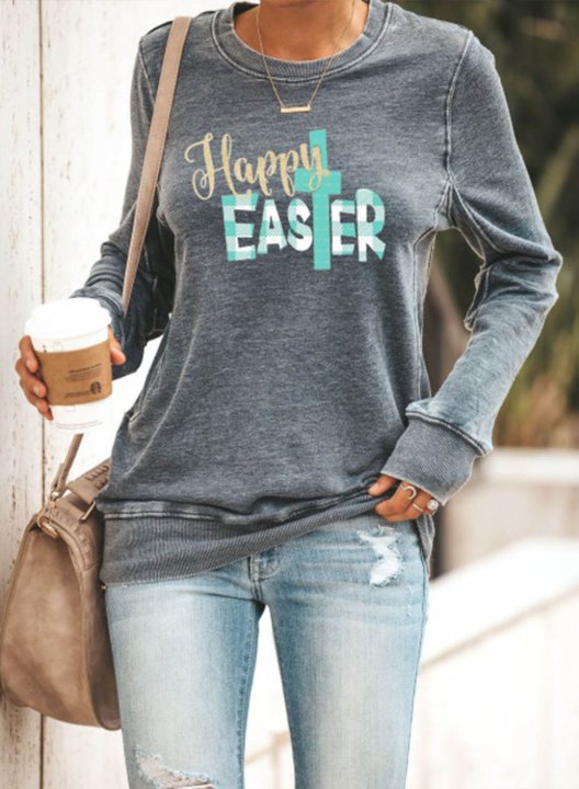 Women's Happy Easter Sweatshirts Solid Letter Festival Long Sleeve Round Neck Daily Casual Sweatshirt