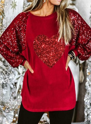 Women's Red Sequin Heart Sweatshirts Color Block Long Sleeve Round Neck Daily Casual Blouse