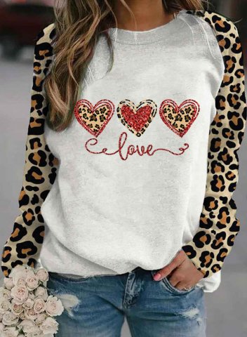 Women's Heart Sweatshirt Sequin Leopard Round Neck Long Sleeve Casual Pullovers