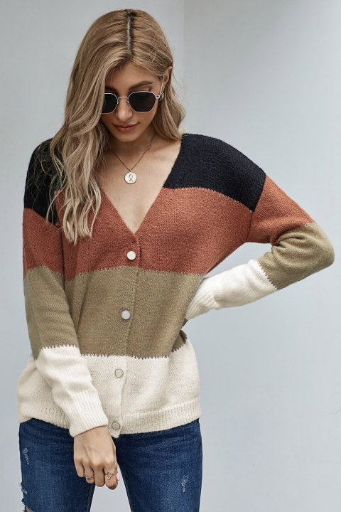 Women's Cardigans V Neck Buttoned Closure Colorblock Cardigans