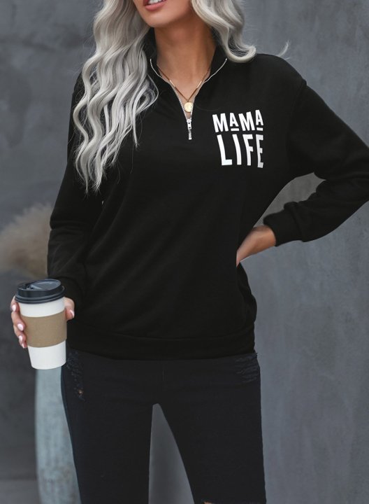 Solid Long Sleeve Letter V Neck Zip Front Sweatshirt