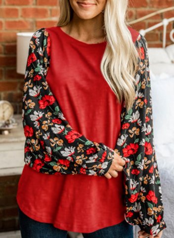 Women's Blouses Floral Color Block Round Neck Long Sleeve Daily Casual Blouses