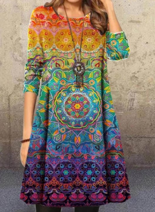 Women's Midi Dresses Tribal Multicolor Long Sleeve Fit Flare Round Neck Dress